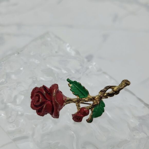 2/$20 Vintage Gold Tone Red Rose Brooch - Picture 2 of 8